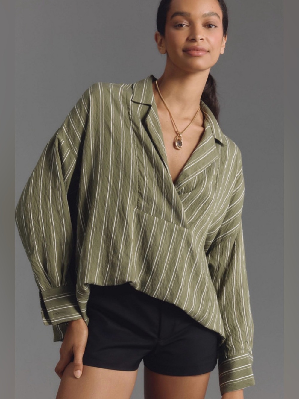 Anthropologie The Dylon Long-Sleeve Wide-Placket Striped Top Green